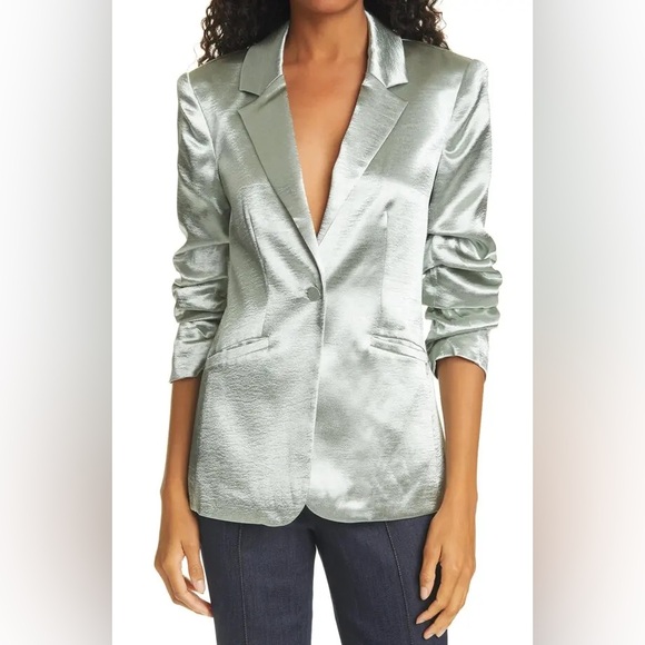 Cinq à Sept Kylie Satin Blazer Jacket Green Sapphire Ruched Sleeves Shiny 0 NWT